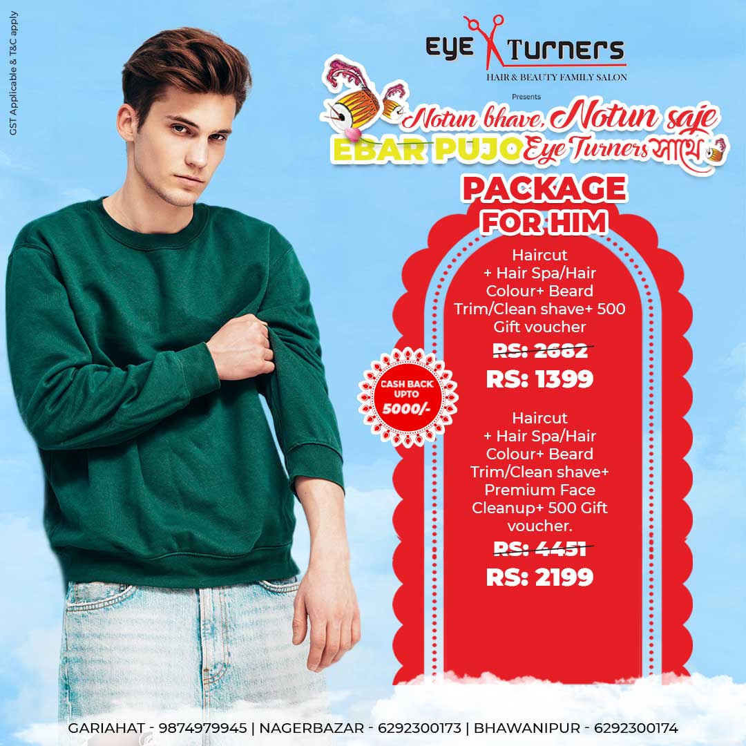Men grooming package ₹1399 haircut hair spa hair colour beard trim and ₹500 voucher, Luxury men grooming ₹2199 haircut hair spa hair colour beard trim face cleanup and ₹500 voucher
